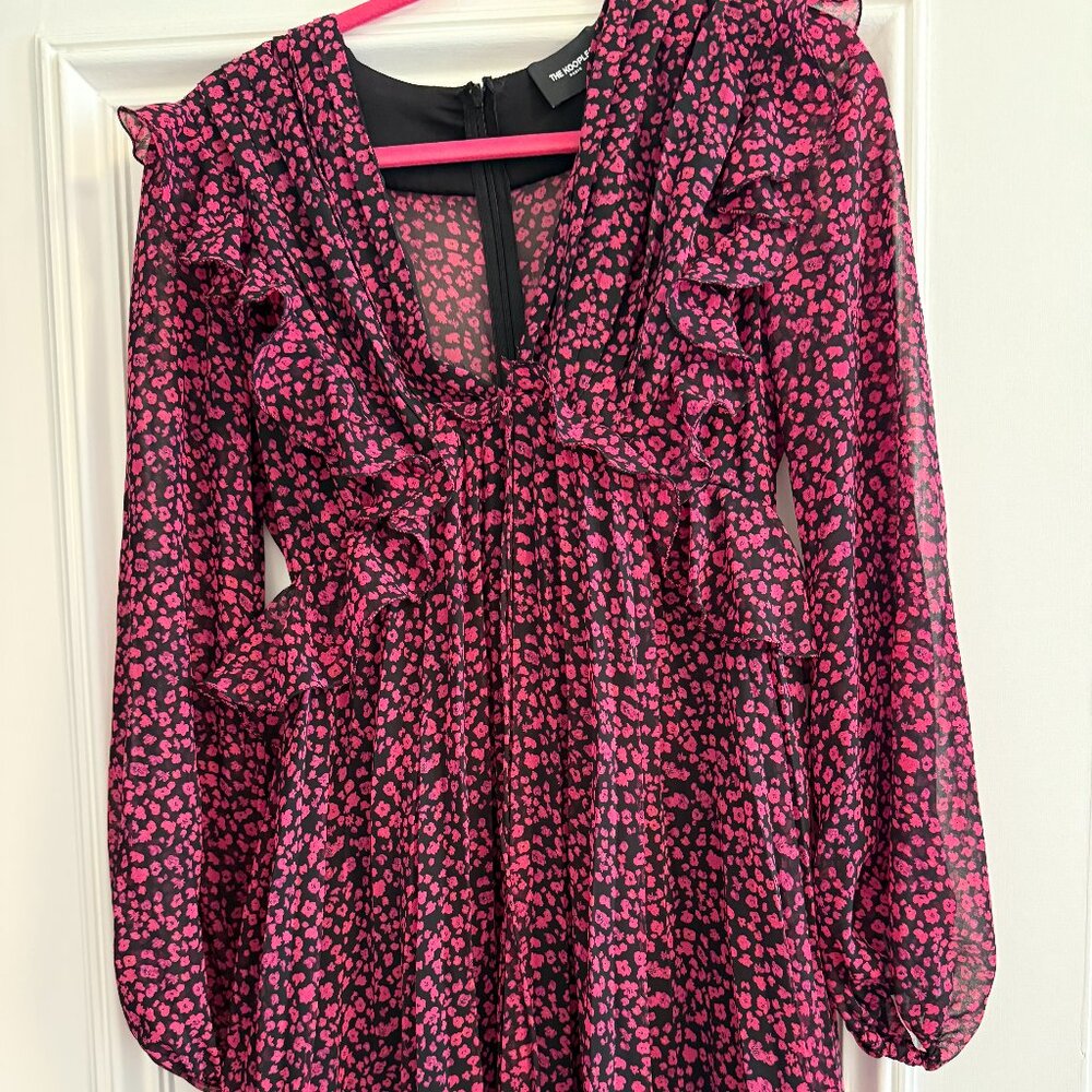 The Kooples: V-Neck Chiffon Printed Long Sleeve Dress with Ruffles, Size: US 8